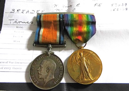 Ww1 medal pair pte breaden - ww1,